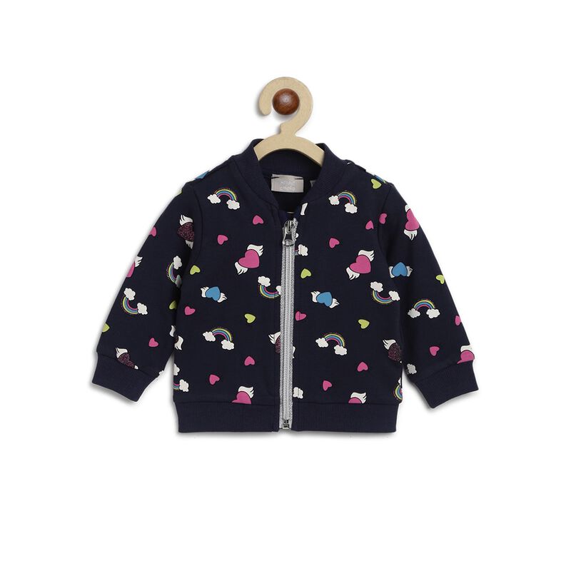 Girls Blue Printed Front Open French Terry Cardigan image number null